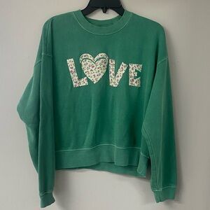 UPCYCYLED GREEN SWEATSHIRT WITH LOVE APPLIQUÉ AND HEARTS SZ MEDIUM